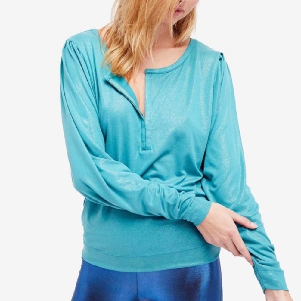Free People Olivia Pleated Glitter Dolman Top Teal